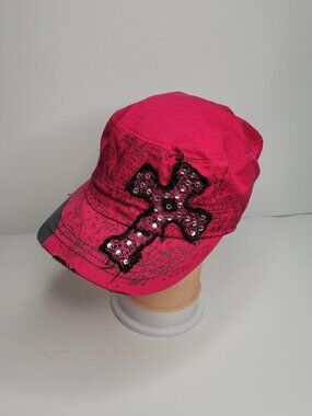 Y2k Kbethos bright pink studded cross scene queen cross mcbling cadet hat
